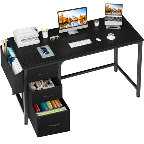 White 55 Inch Computer Desk with Fabric File Drawers Cabinet Y59845