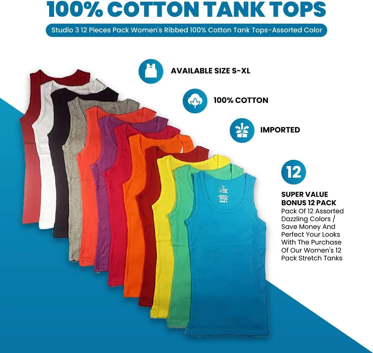 Ribbed 100% Cotton Tank Tops 12 Pieces Pack M4173