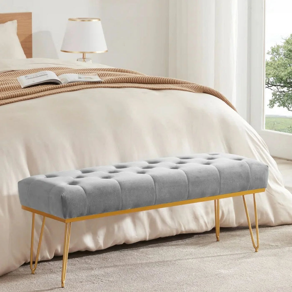 Gray and Golden Velvet Ottoman with Metal Base N241