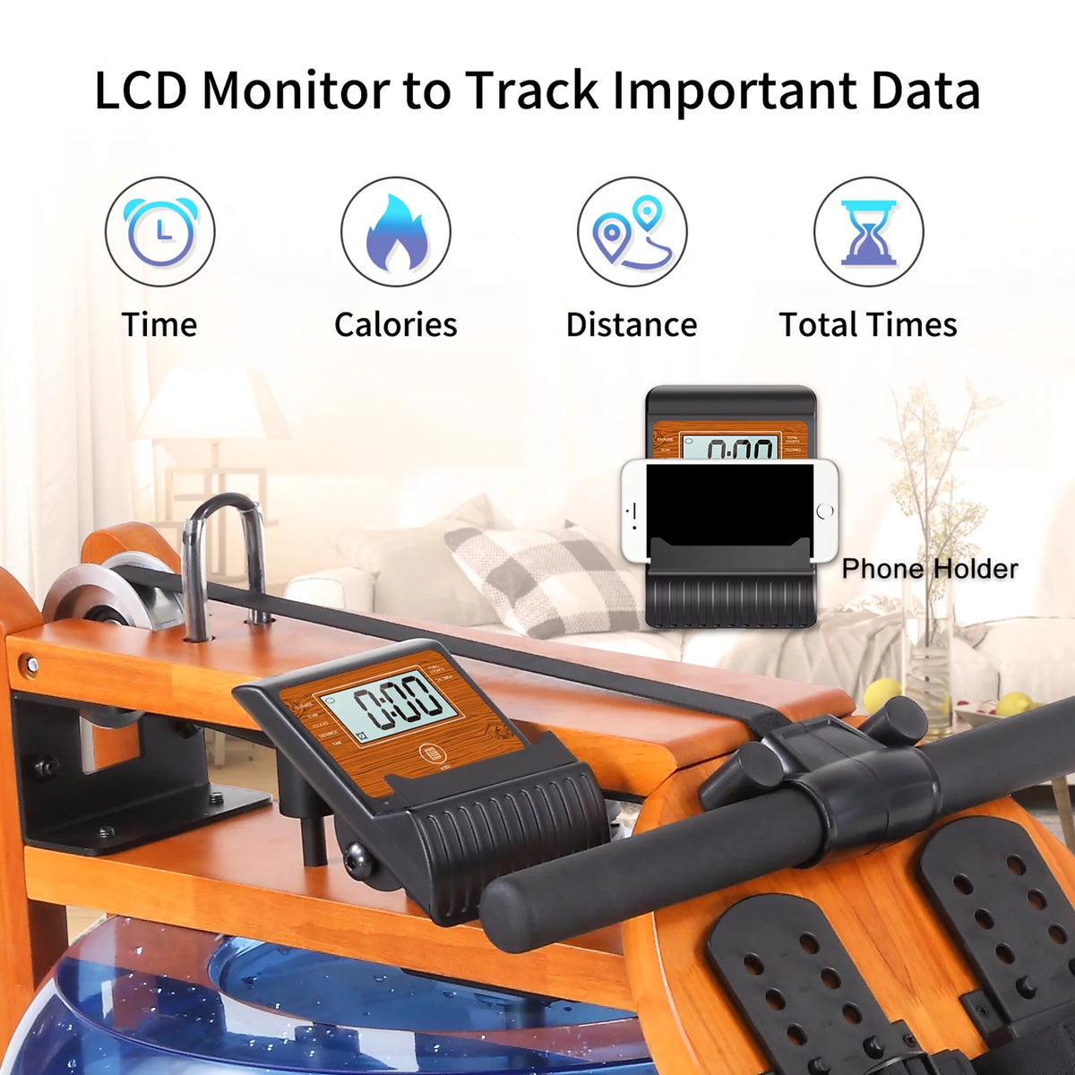 Water Rowing Machine with LCD Monitor 350 LB Wood Rower L6263