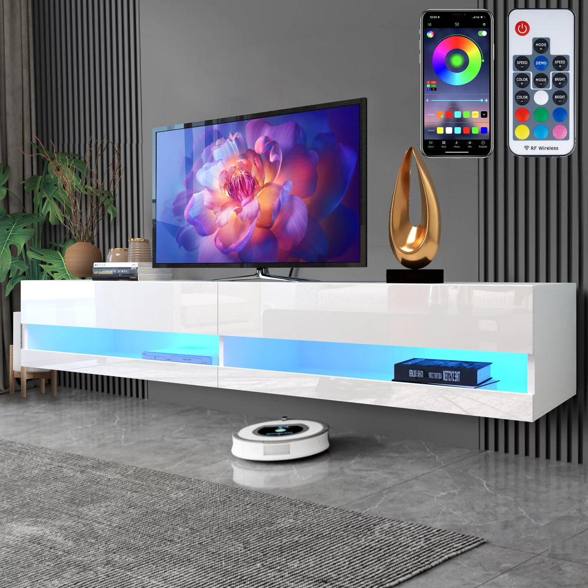 White High Gloss Wall Mounted TV Stand with LED Lights I436