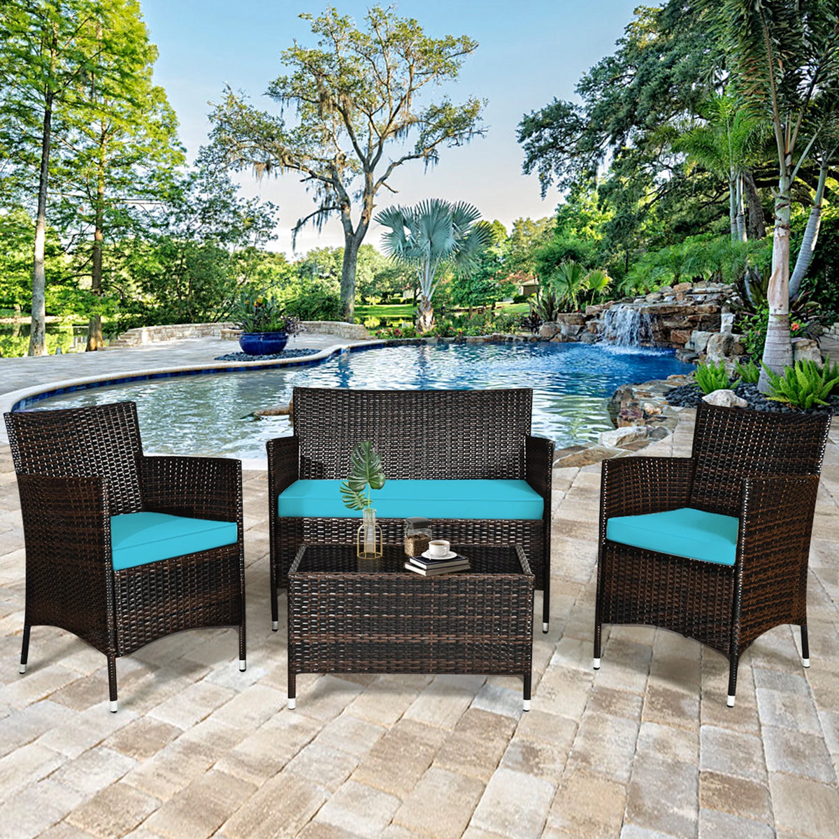 8 Pcs Patio Rattan Furniture Set with Cushioned Chair Loveseat Table C675430