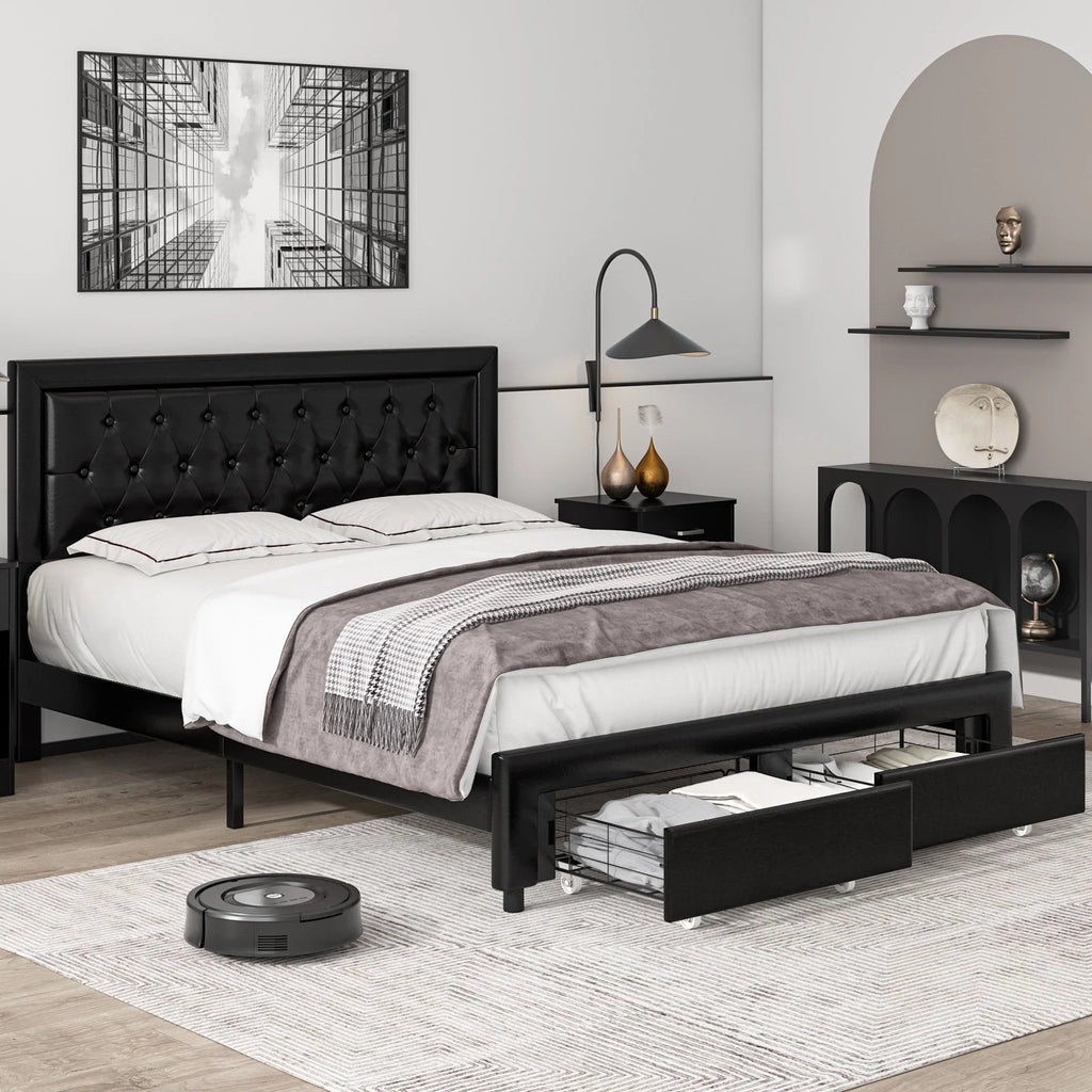 Queen Size 2 Drawers PU Leather Upholstered Platform Bed O5682