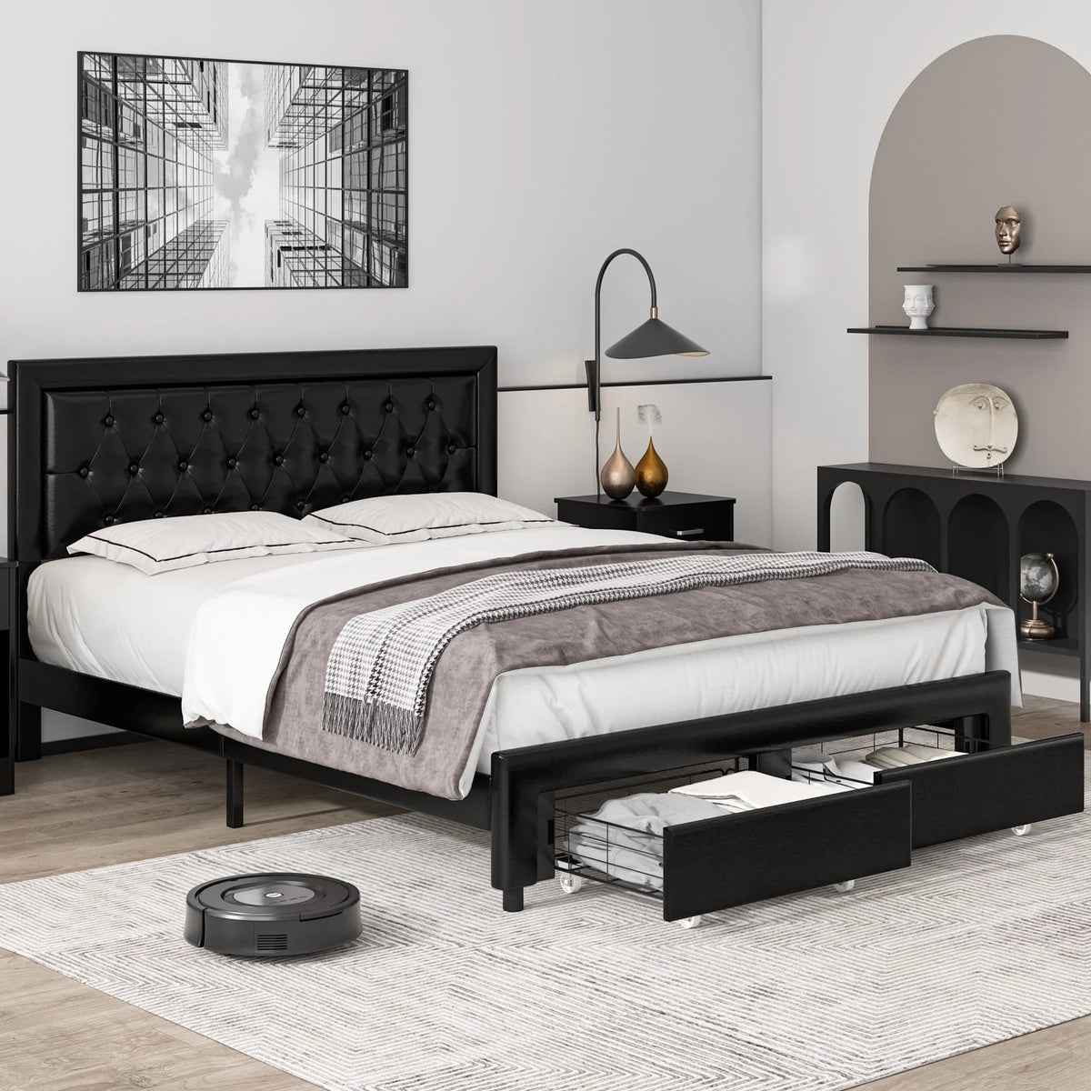 Queen Size 2 Drawers PU Leather Upholstered Platform Bed O5682