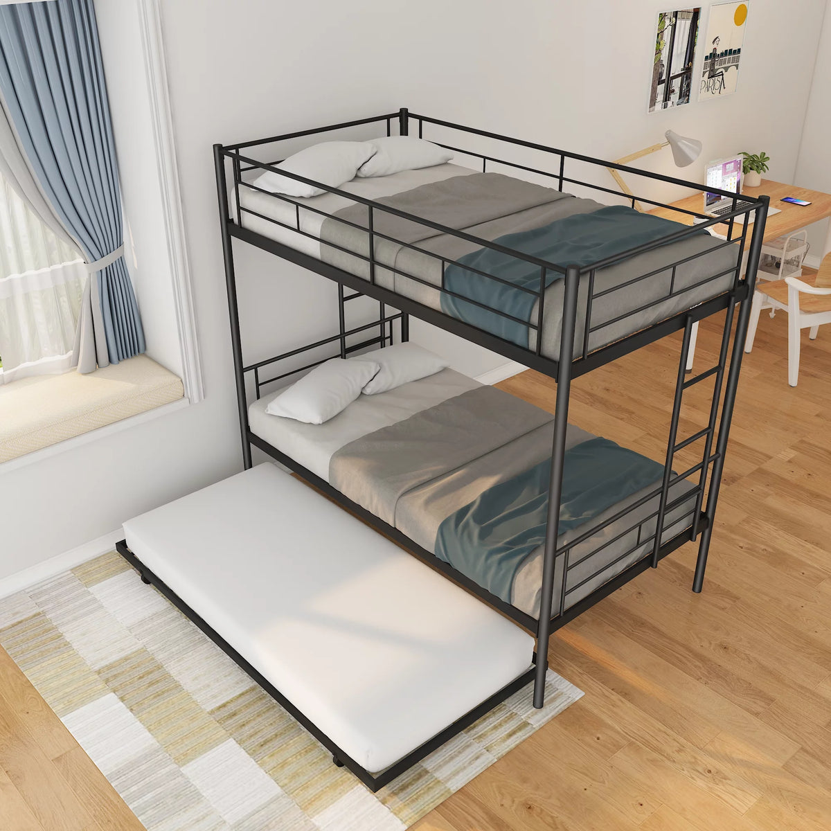 Twin Over Twin Metal Bunk Bed Frame with Trundle P274926