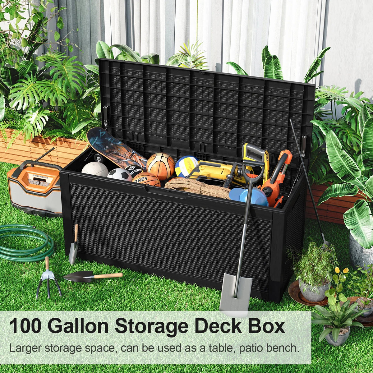 100 Gallon Waterproof Rattan Resin Outdoor Storage Deck Box with Divider H71651