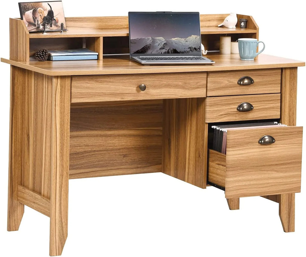 White Oak Computer Desk with Drawers and Hutch Shelf B487