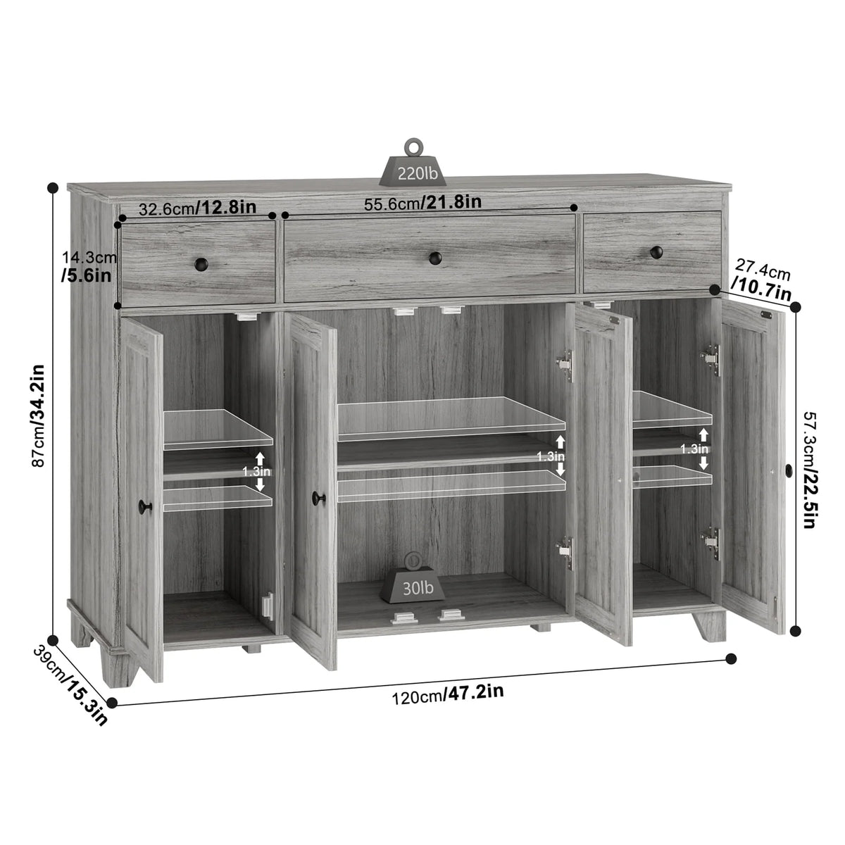 White 3 Drawer Buffet Sideboard Cabinet Q607457