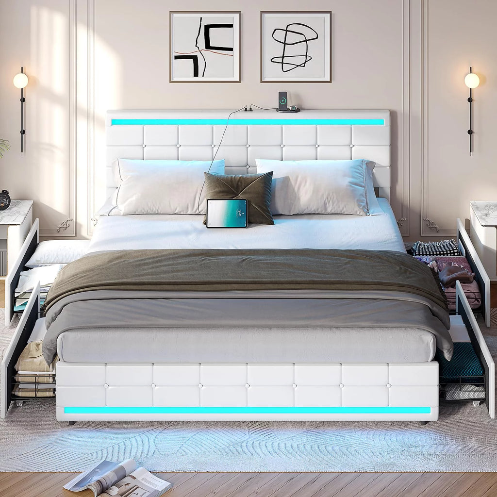 King Bed Frame with Storage Drawers, LED Lights, USB Port, White T703652