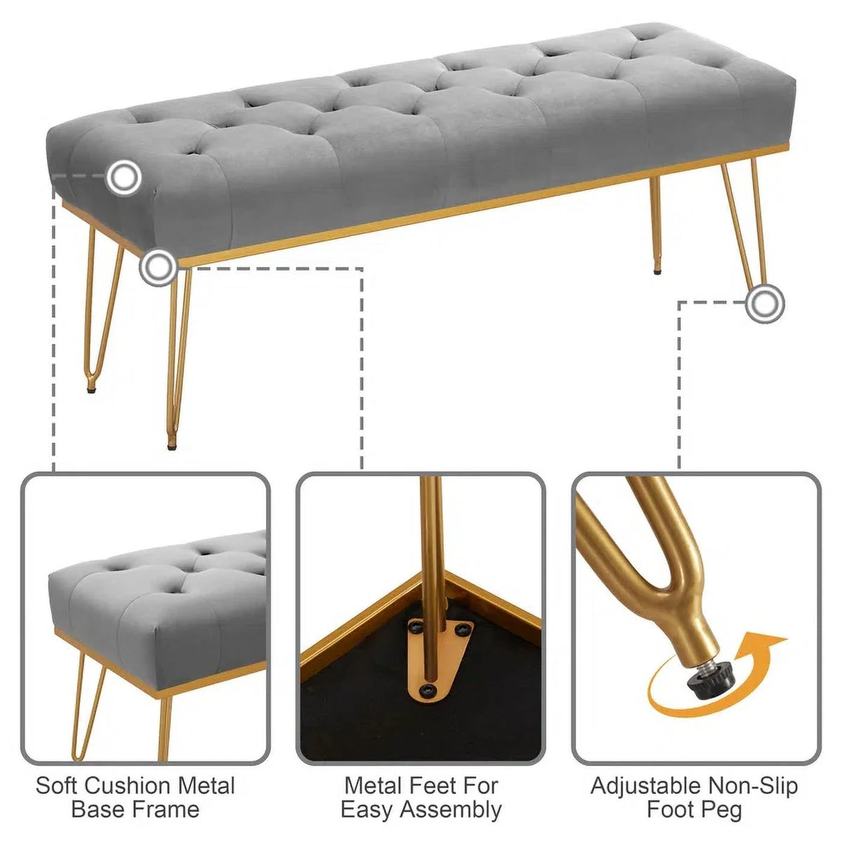 Gray and Golden Velvet Ottoman with Metal Base N241