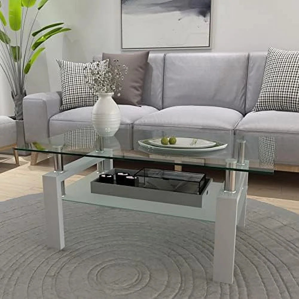 3 Piece Glass Coffee Table and End Tables Set with Tempered Glass Tabletop and Metal Frame S4216