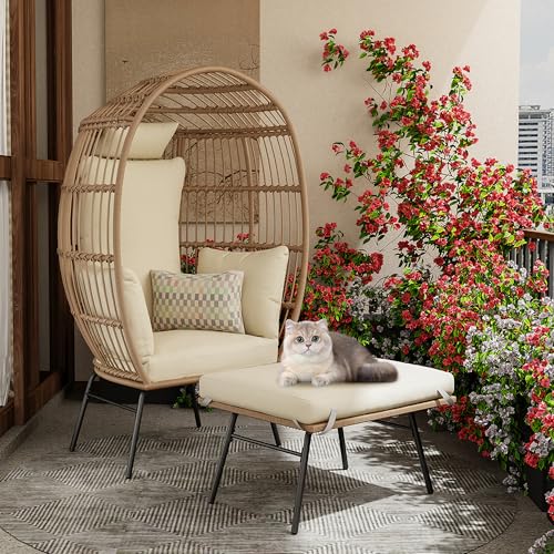 Oversized Grey Wicker Egg Chair with Ottoman I241301