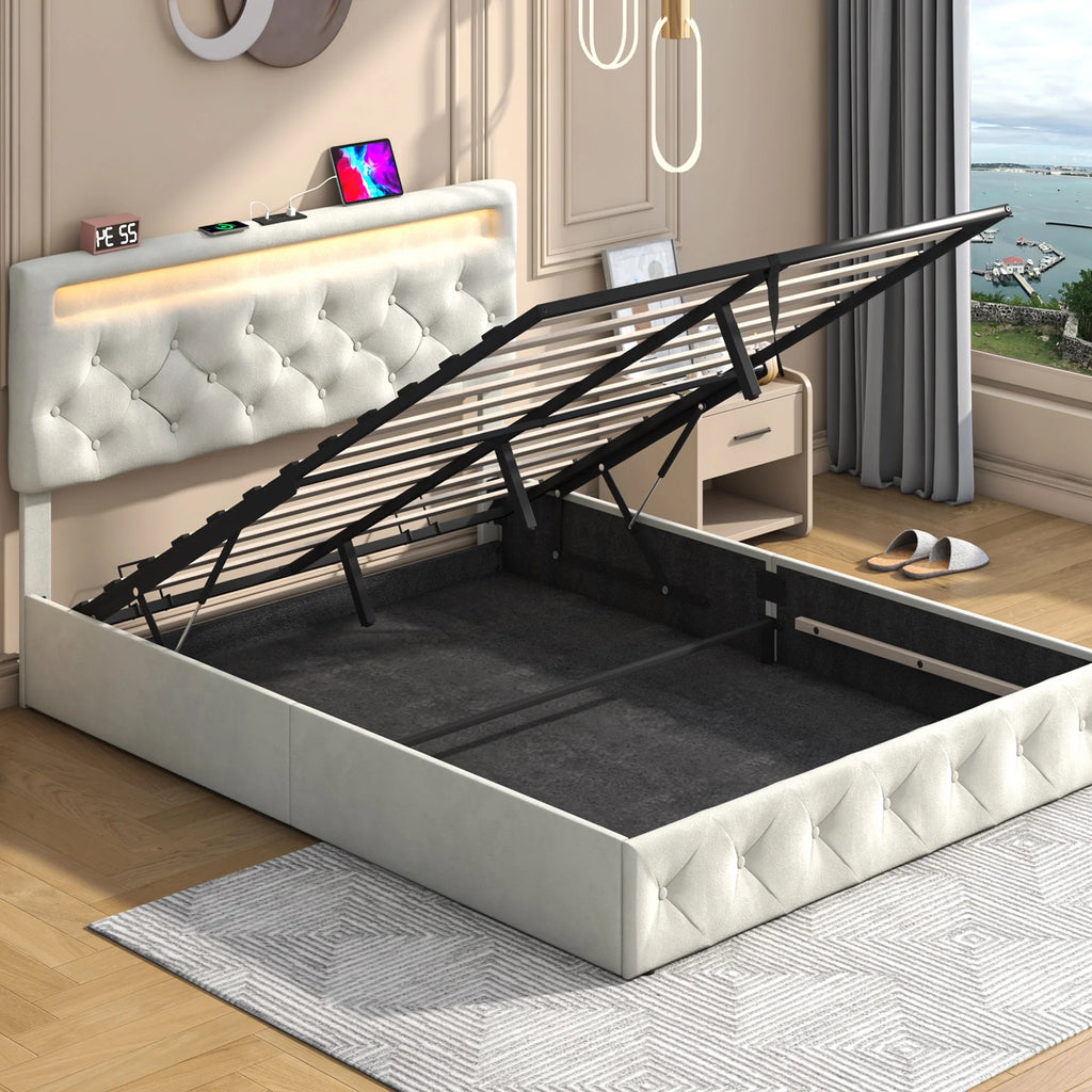 Queen Size Beige Velvet Upholstered Platform Bed Frame R1337