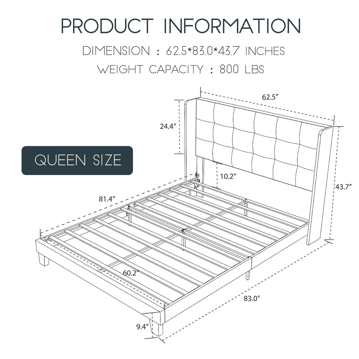 Queen Platform Bed Frame with Upholstered Wingback Linen Fabric Headboard U905