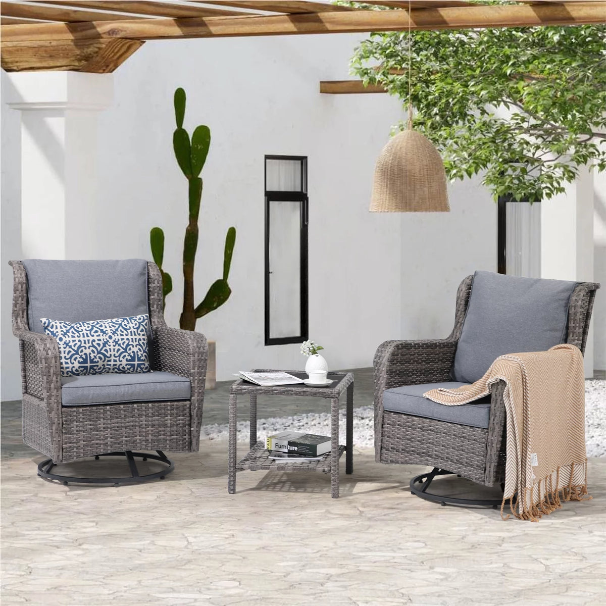 3 Pieces Wicker Swivel Rocking Chairs with Side Table G748653