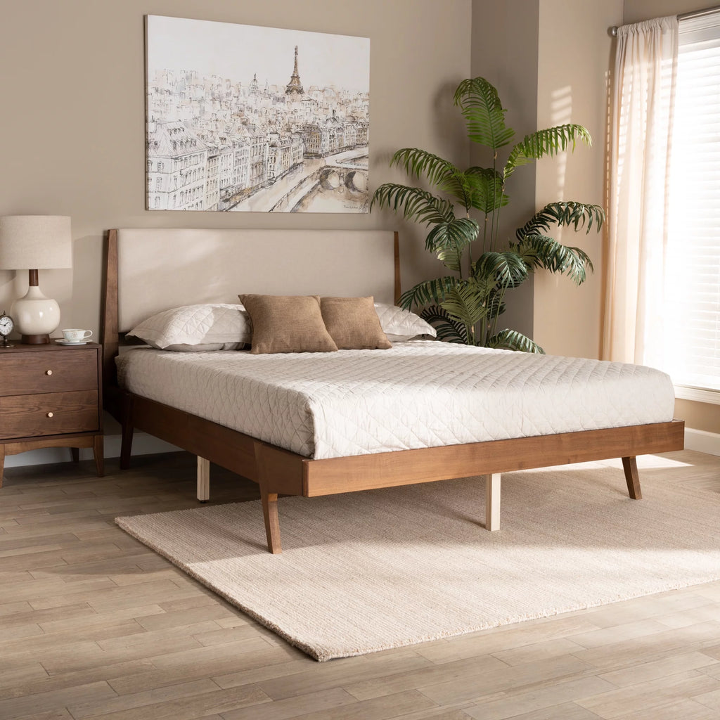 Beige Fabric Upholstered Walnut Brown Wood Queen Size Platform Bed Y237222