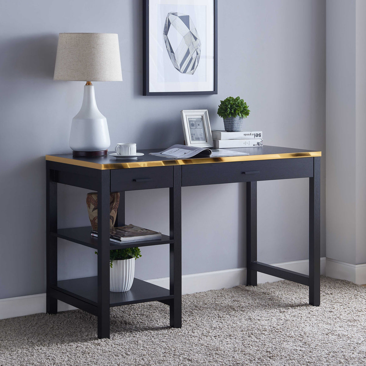 Black Computer Desk with 2 Drawers D965942