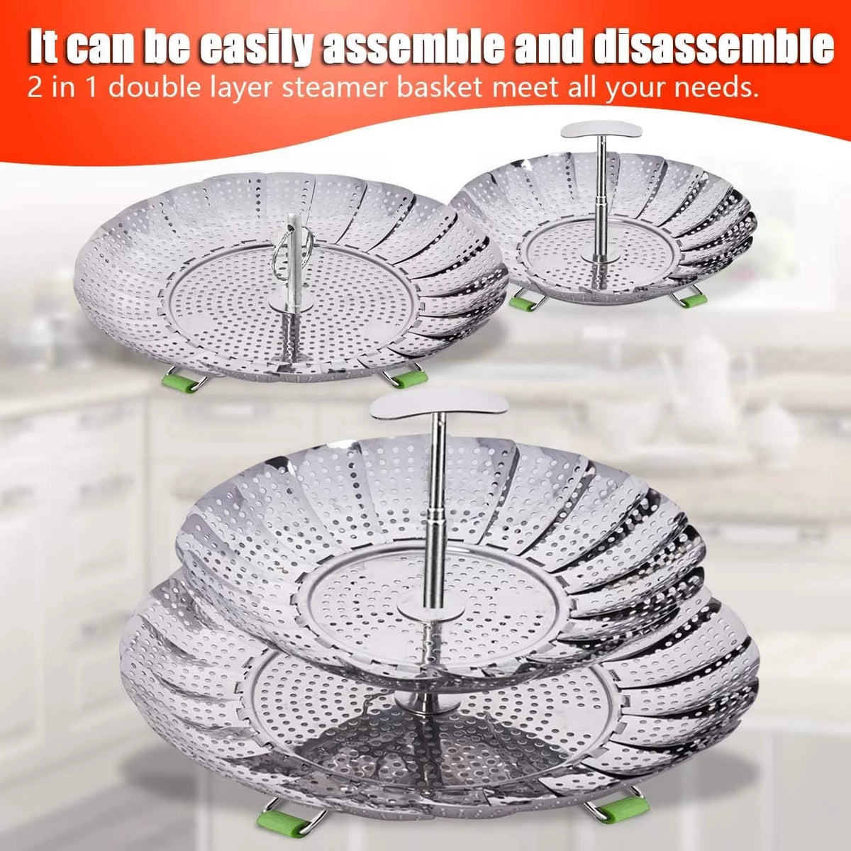 Double Layer Stainless Steel Collapsible Steamer Basket G4933