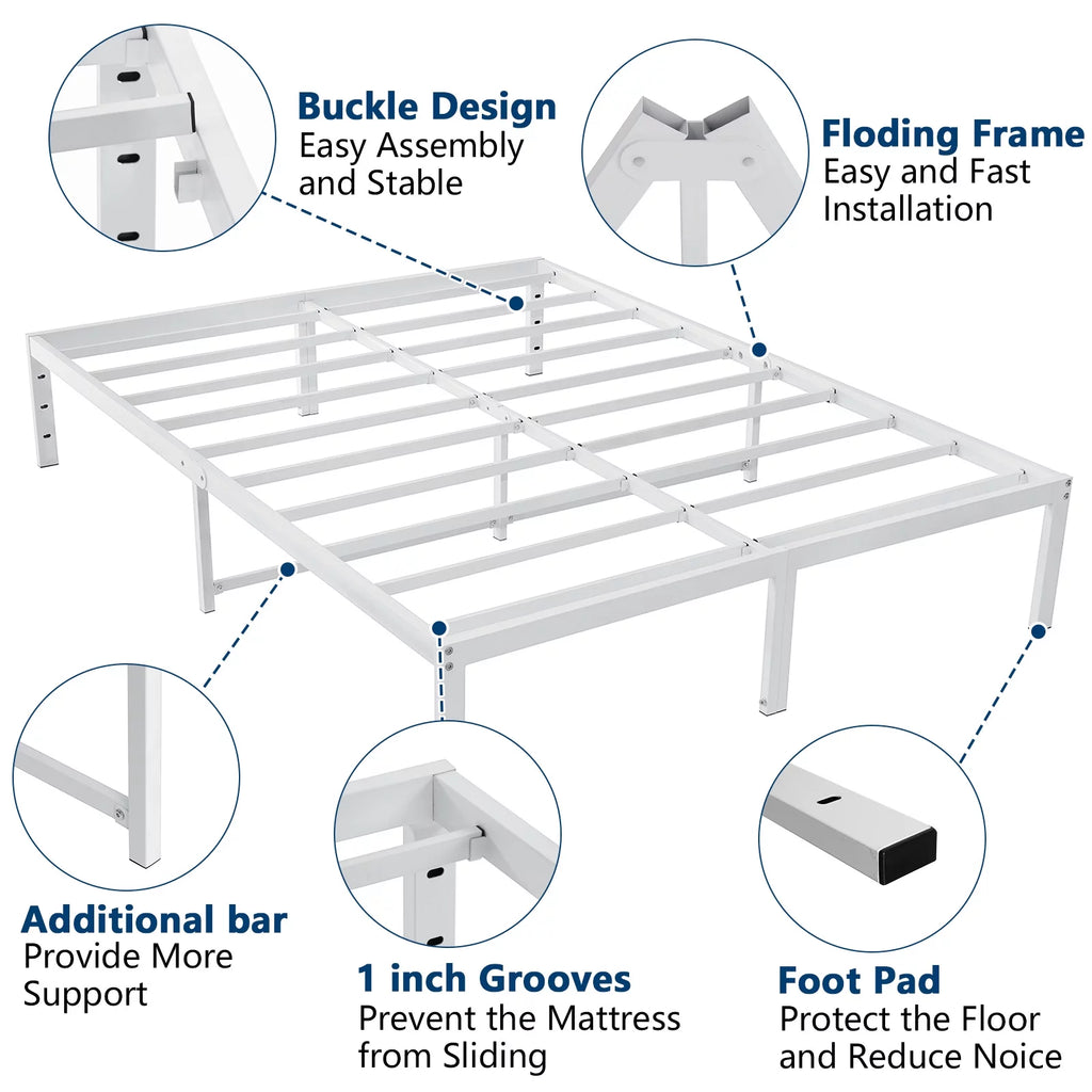 White 14 Inch Metal Platform Bed Frame with Under Bed Storage B754