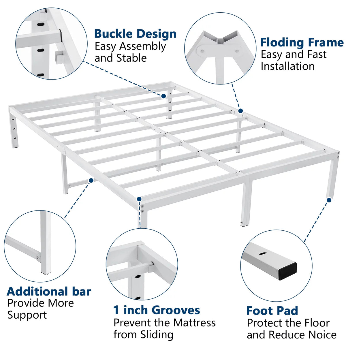 White 14 Inch Metal Platform Bed Frame with Under Bed Storage B754