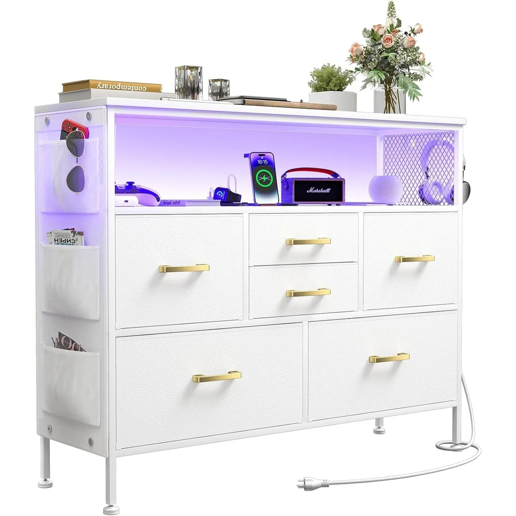 White 6 Drawers Dresser TV Stand with Power Outlets X74724