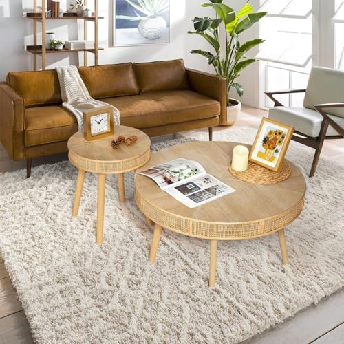 2-Piece Solid Wood Rattan Coffee Table Set Q16321