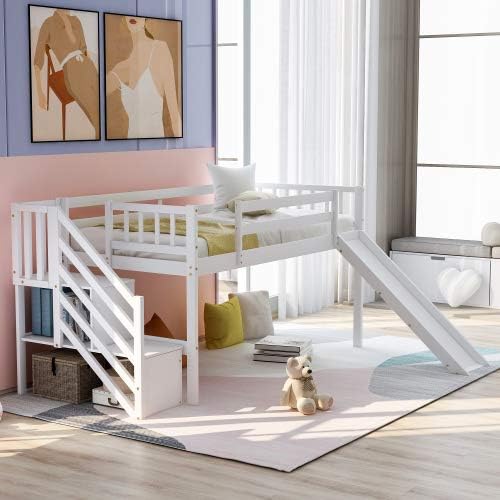Twin Size Low Loft Bed with Slide and Staircase Gray B69061