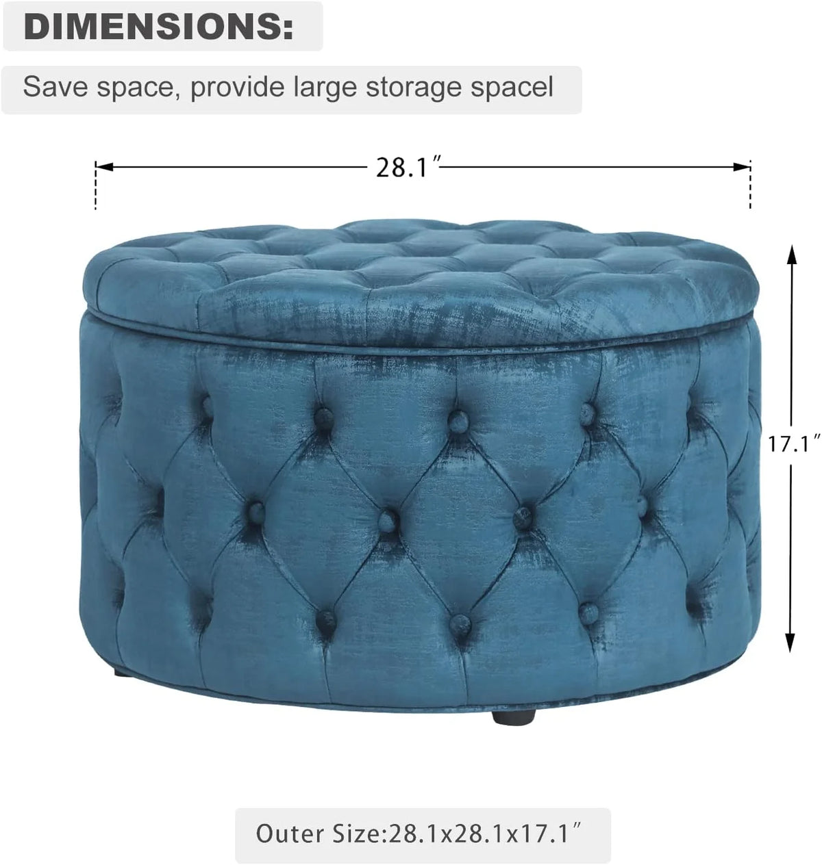 28 Inch Round Blue Velvet Storage Ottoman U268938