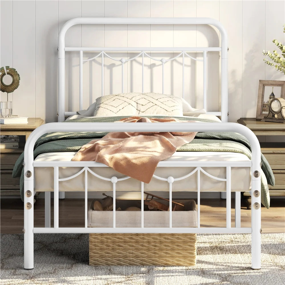 Metal Platform Bed with Vintage Headboard and Footboard, Twin XL, White J796924