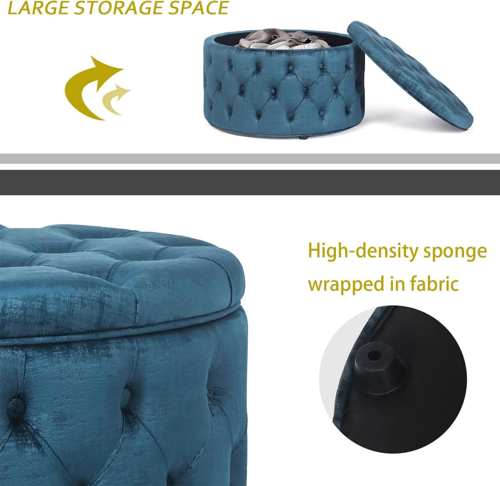 28 Inch Round Blue Velvet Storage Ottoman U268938