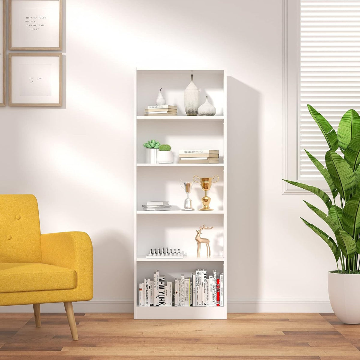 White 5 Tier Bookshelf with 3 Adjustable Shelves G19698