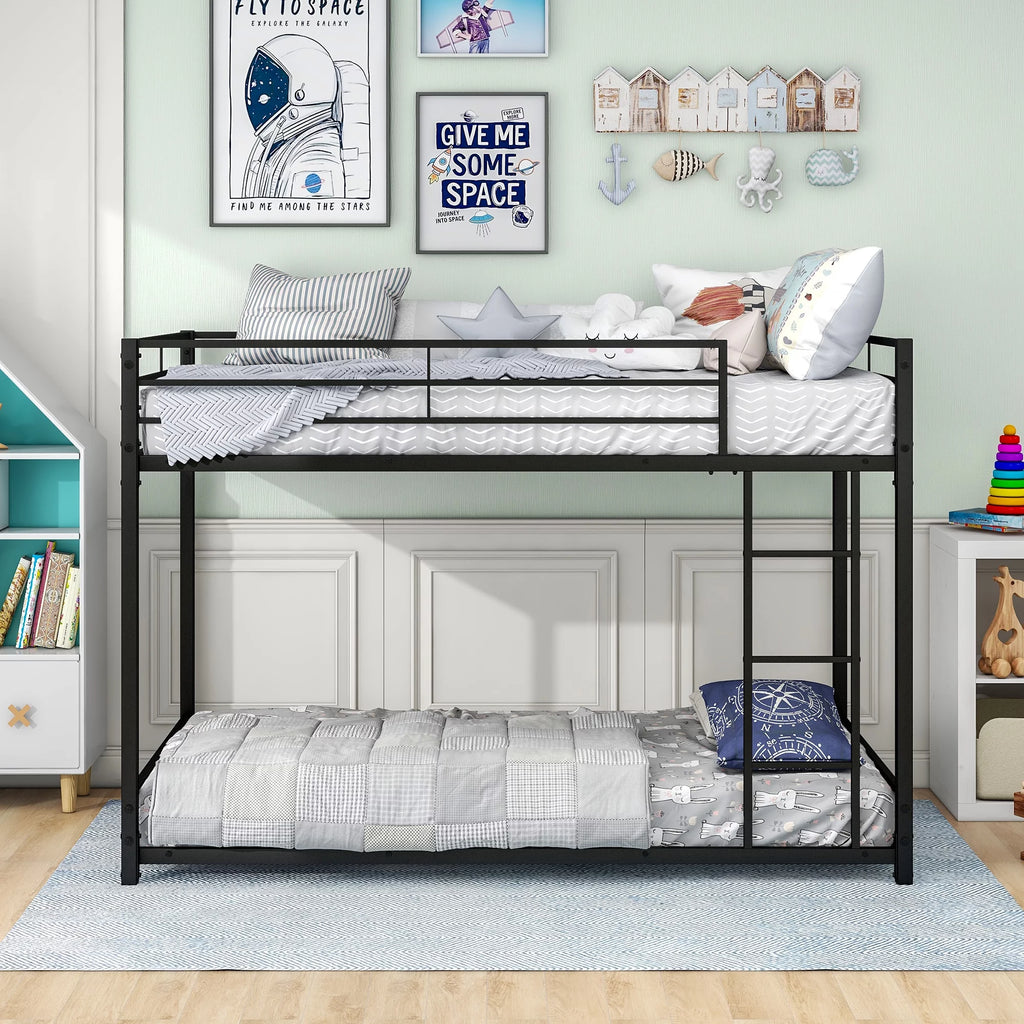 Black Twin Over Twin Metal Bunk Bed with Ladder and Safety Guardrails P97107