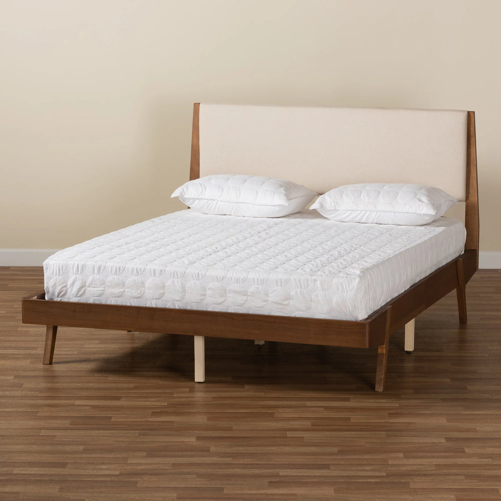 Beige Fabric Upholstered Walnut Brown Wood Queen Size Platform Bed Y237222