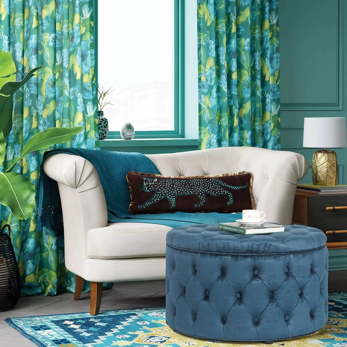 28 Inch Round Blue Velvet Storage Ottoman U268938