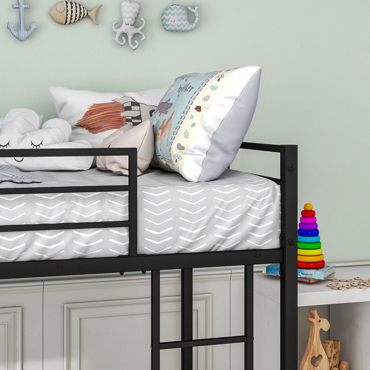 Black Twin Over Twin Metal Bunk Bed with Ladder and Safety Guardrails P97107