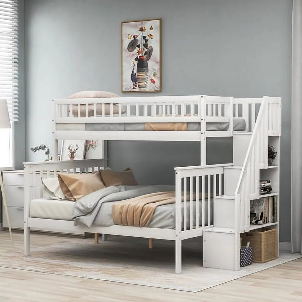 White Twin over Full Stairway Bunk Bed with Storage O52884