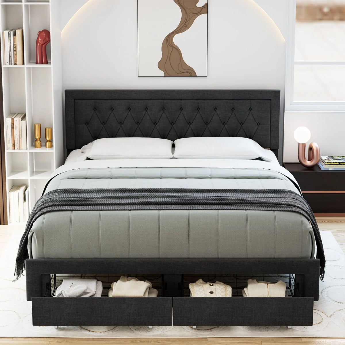 Queen Size 2 Drawers PU Leather Upholstered Platform Bed O5682