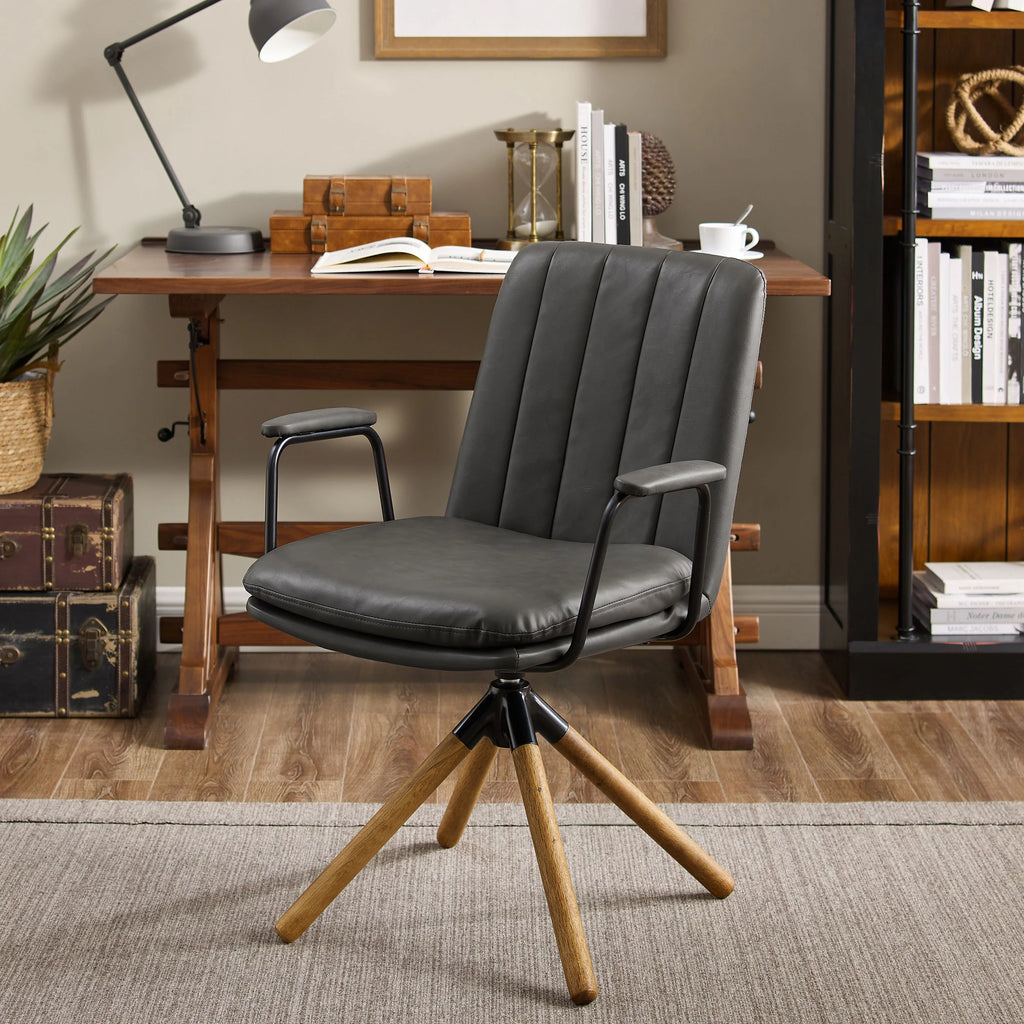 Gray Faux Leather Swivel Accent Chair with Oak Wood Legs I95543
