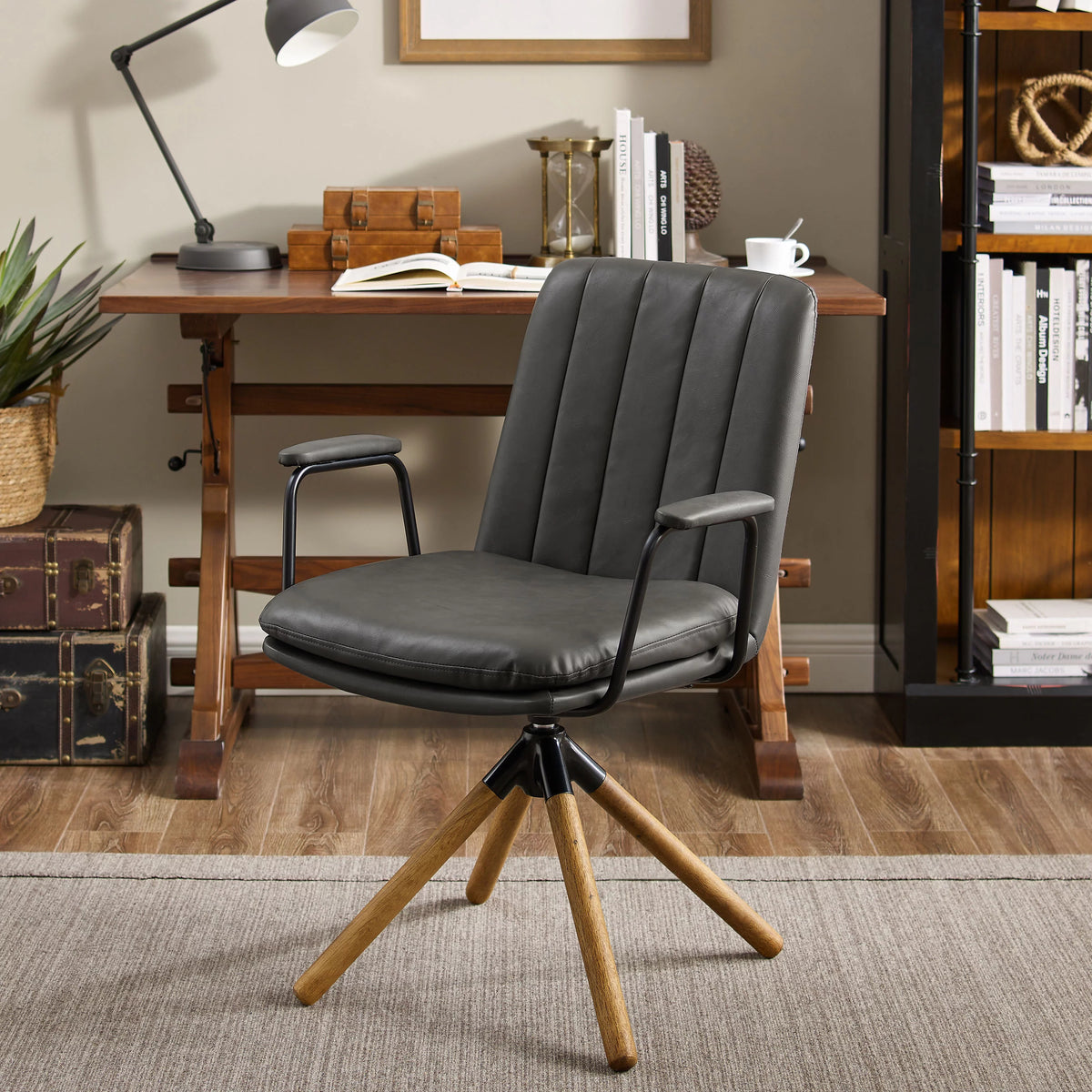 Gray Faux Leather Swivel Accent Chair with Oak Wood Legs I95543