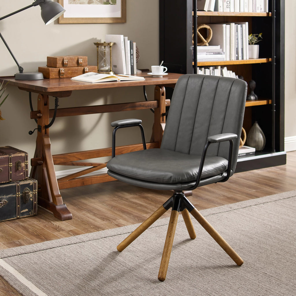 Gray Faux Leather Swivel Accent Chair with Oak Wood Legs I95543