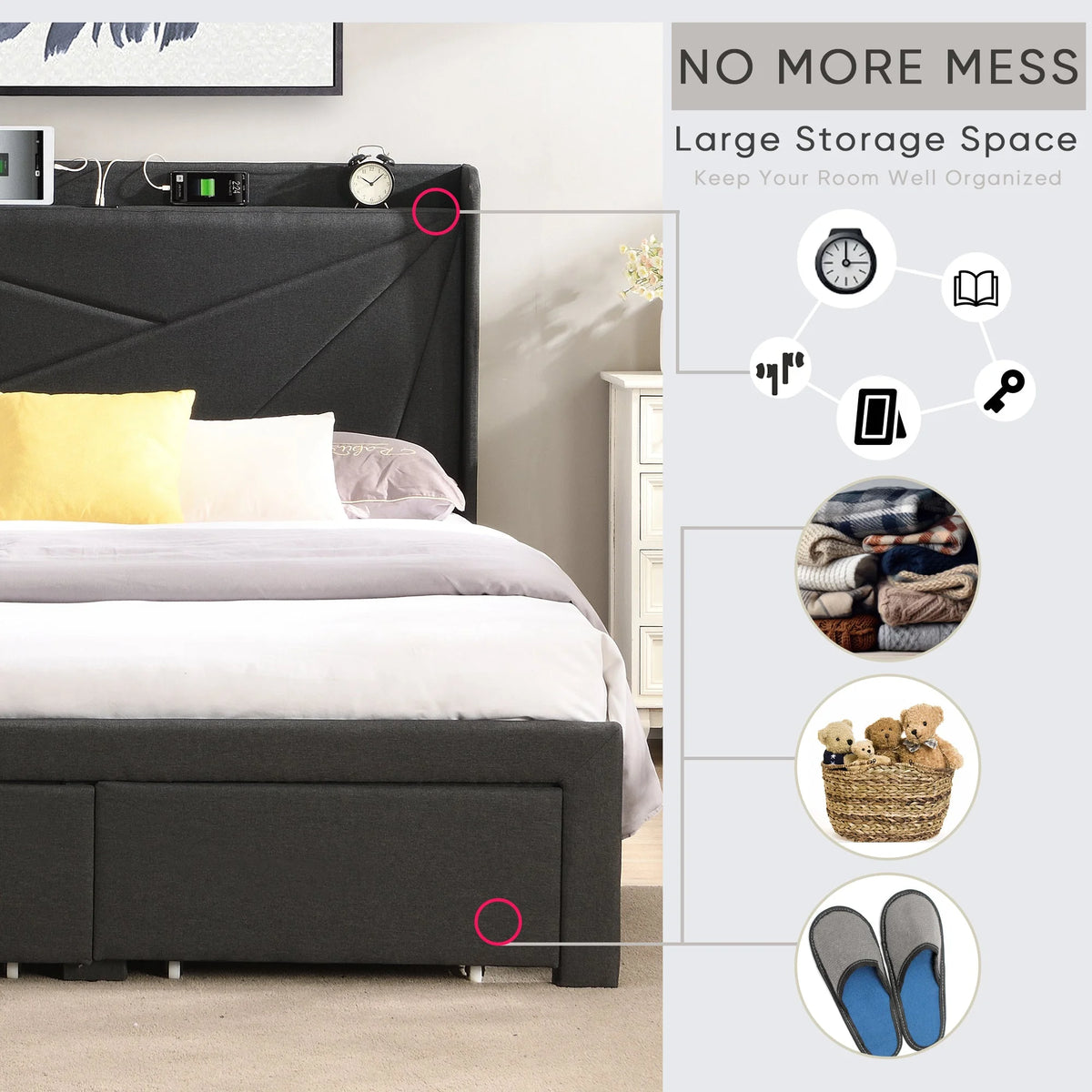 Queen Size Bed Frame with 2 Storage Drawers Dark Gray K19704