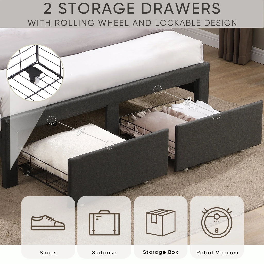Queen Size Bed Frame with 2 Storage Drawers Dark Gray K19704