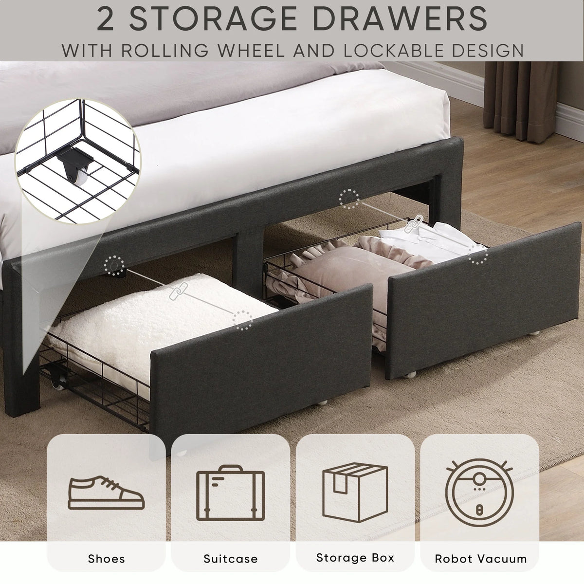 Queen Size Bed Frame with 2 Storage Drawers Dark Gray K19704