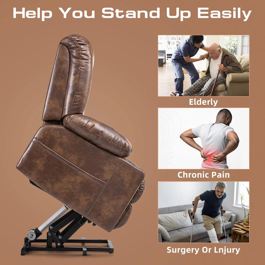 Brown Wide Breathable Leather Power Lift Recliner with Massage and Heat N131
