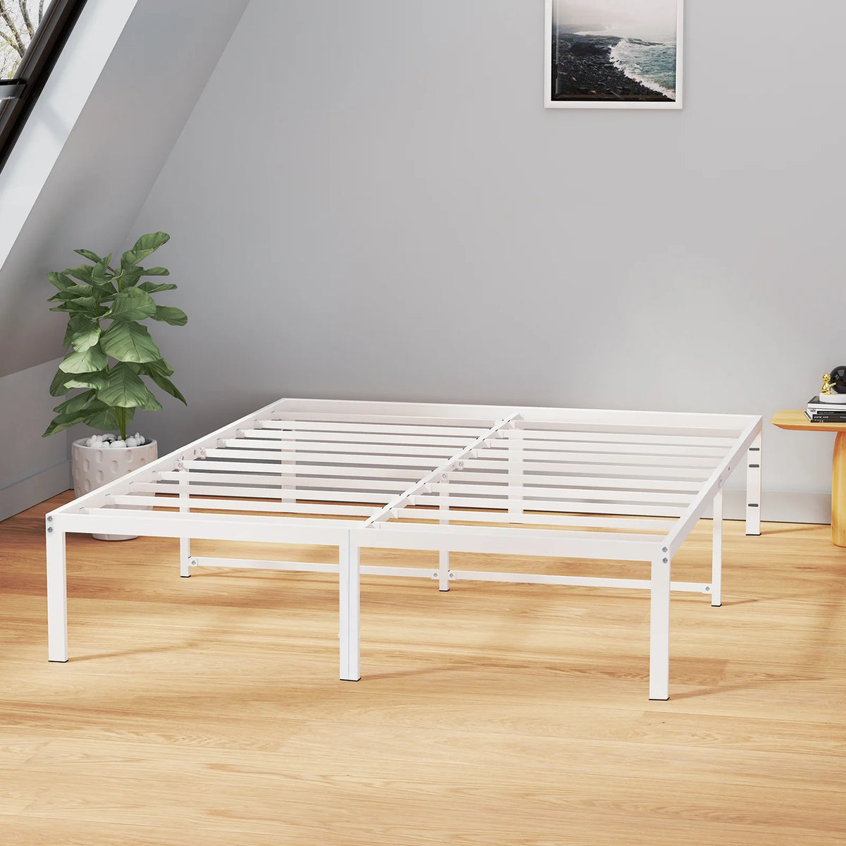 White 14 Inch Metal Platform Bed Frame with Under Bed Storage B754