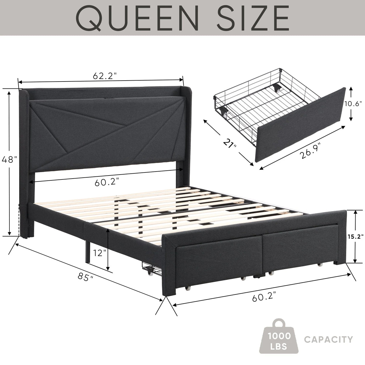 Queen Size Bed Frame with 2 Storage Drawers Dark Gray K19704