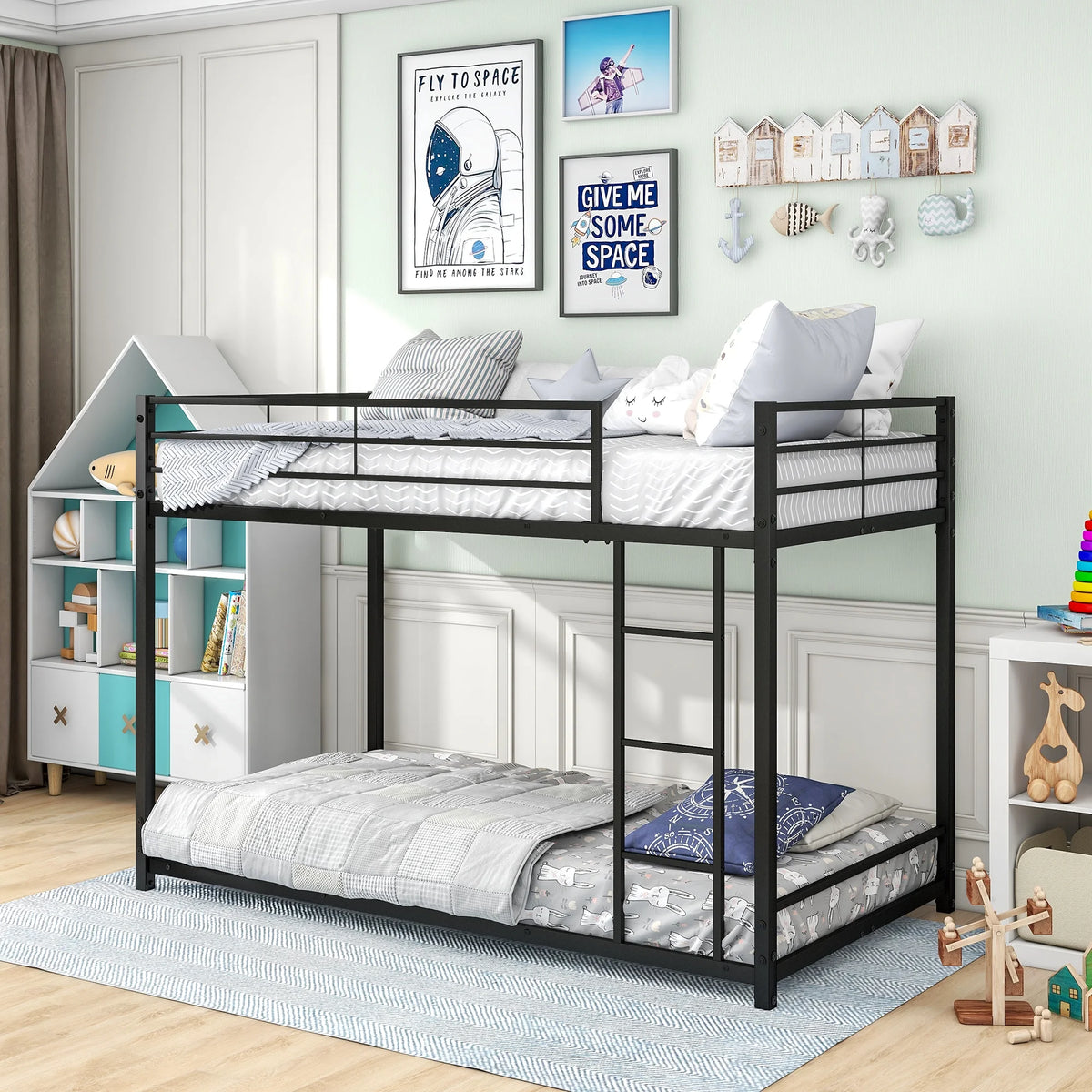 Black Twin Over Twin Metal Bunk Bed with Ladder and Safety Guardrails P97107