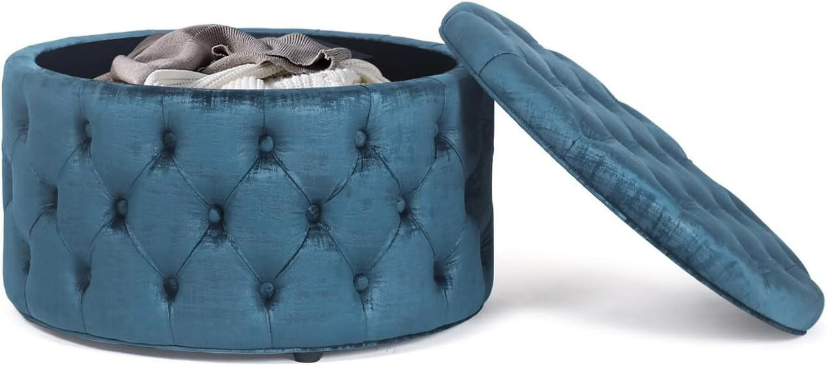 28 Inch Round Blue Velvet Storage Ottoman U268938
