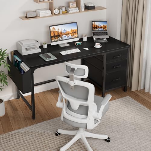 White 55 Inch Computer Desk with Fabric File Drawers Cabinet Y59845