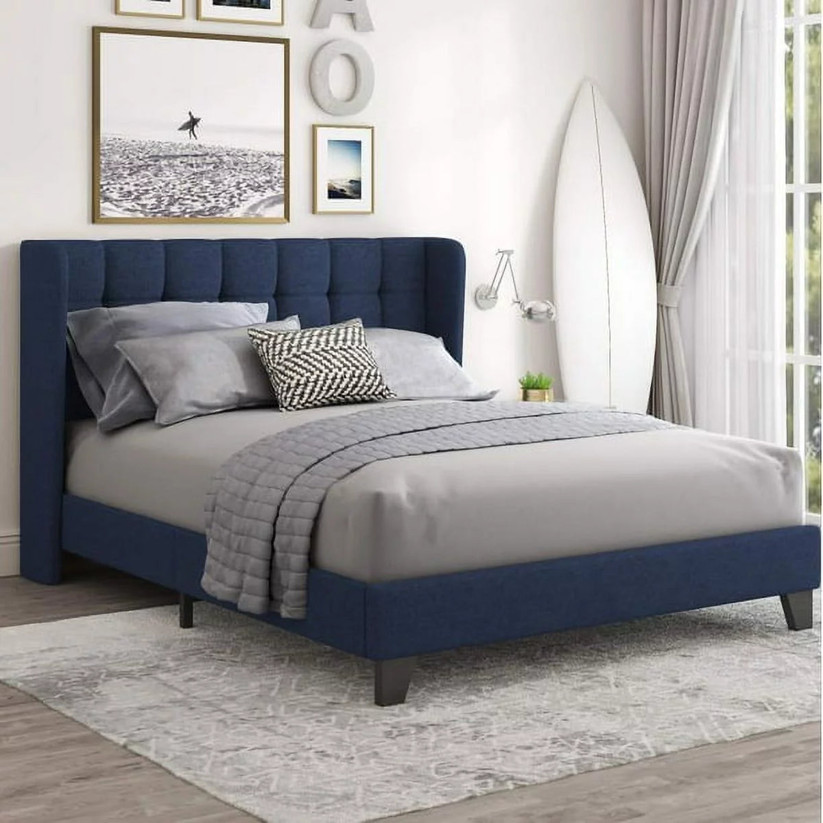 Queen Platform Bed Frame with Upholstered Wingback Linen Fabric Headboard U905